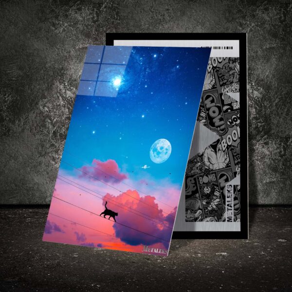 Cat silhouette on an electric cable in front of a pink and blue sky