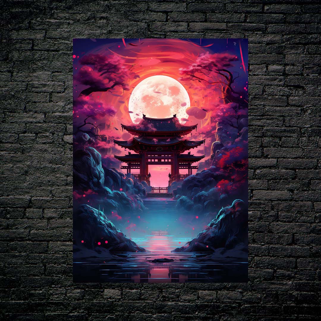 JapneseVillagePinkMoonArt