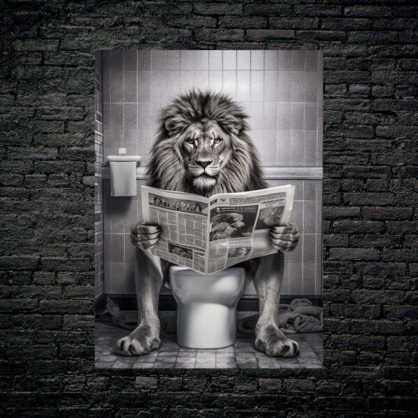 Lion in toilet holding newspaper