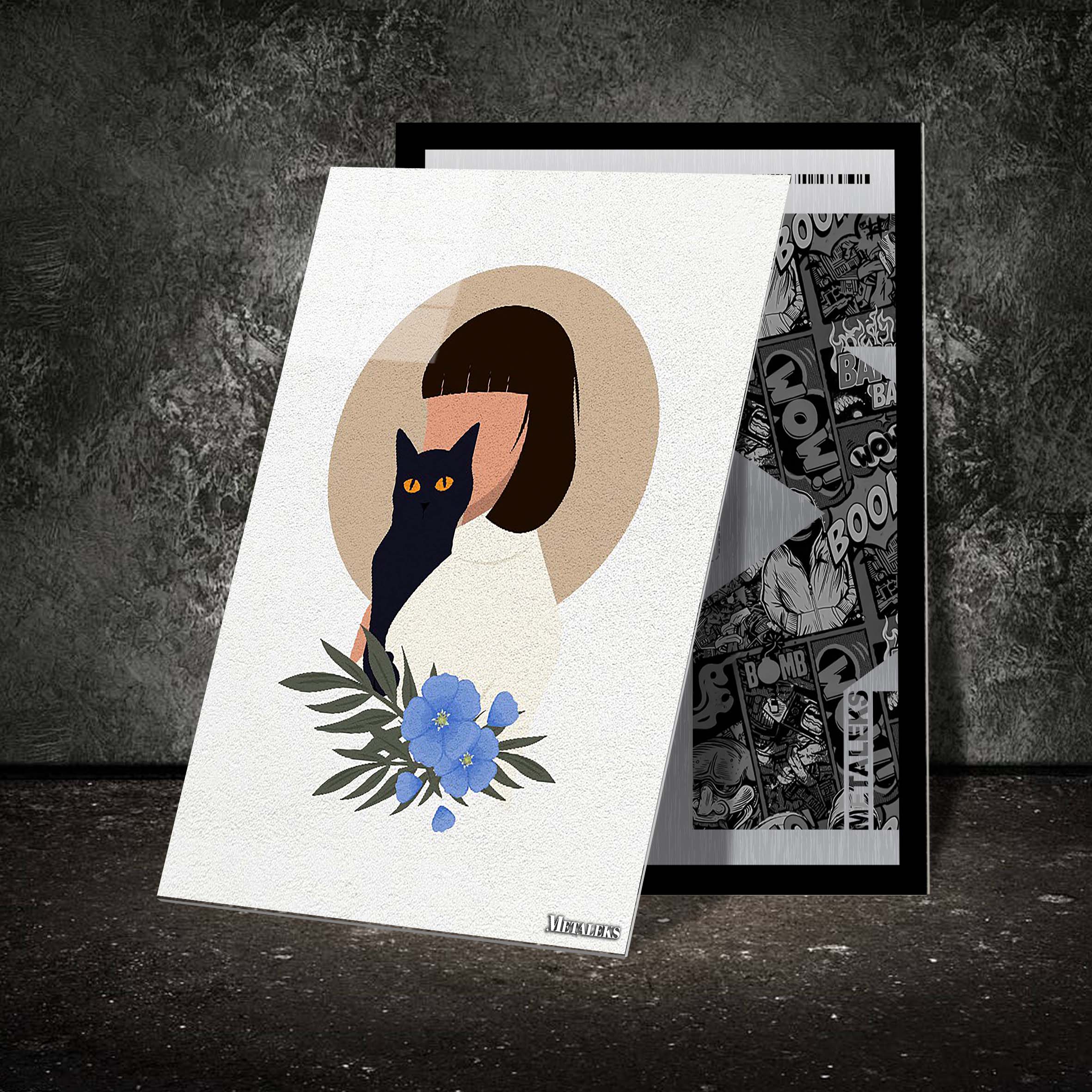 Minimalartillustrationsimplegirlandcatwithpurpleflower